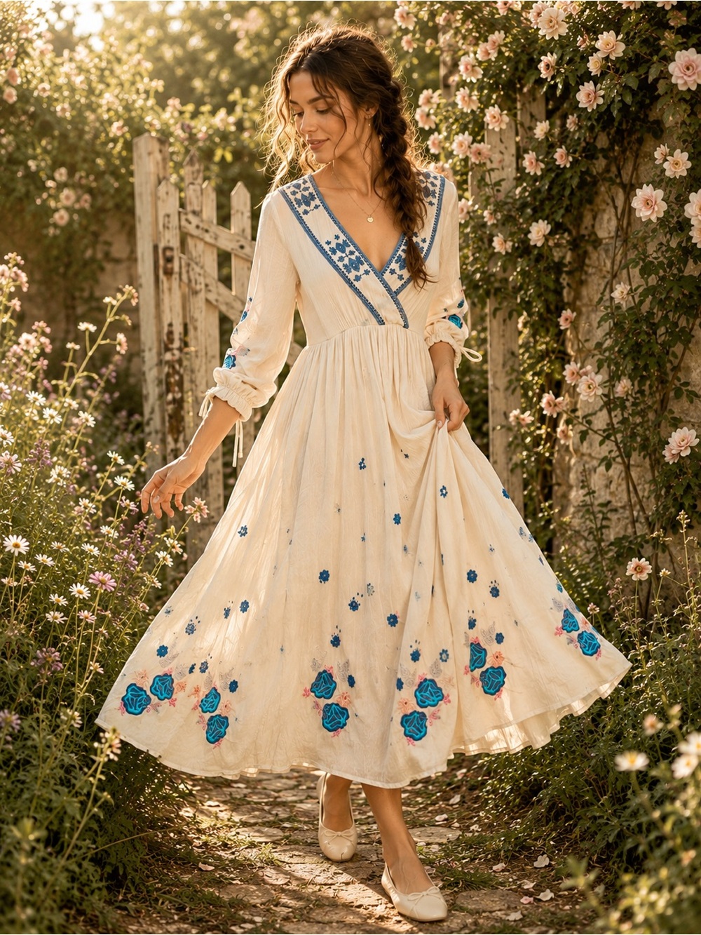 Free People Womens Enchanted Forest Midi Dress XS Embroidered Ivory Boho Prairie